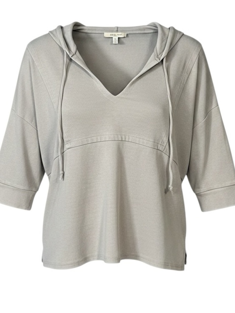 NWT S Chaser Foggy Light Grey Ribbed Knit V Neck Drawstring Hoodie Top